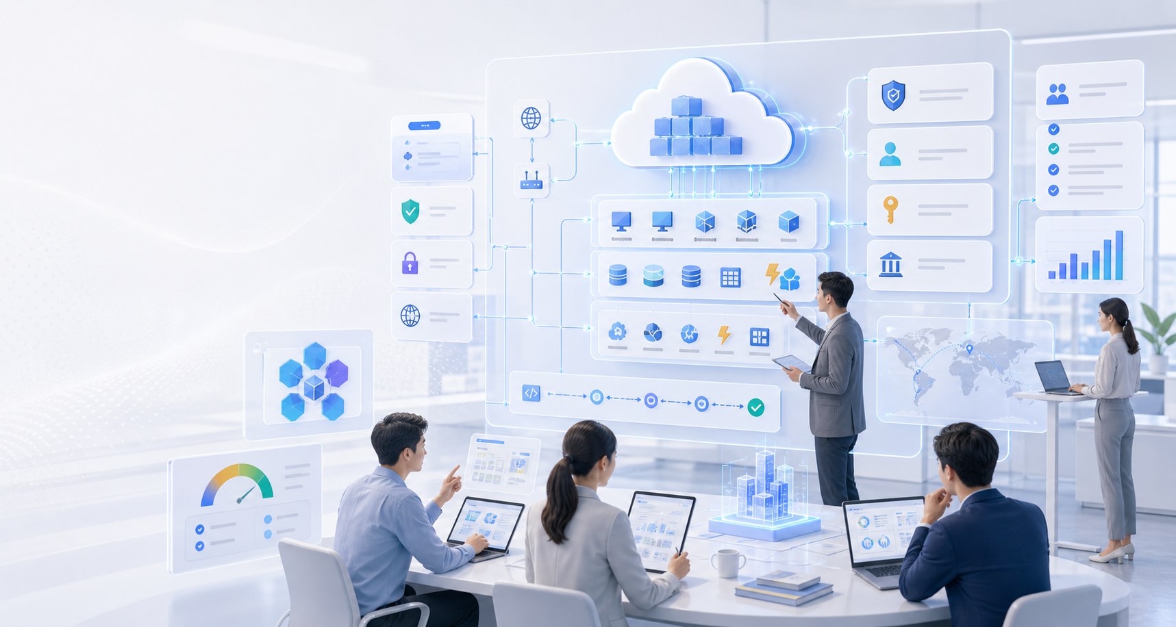 浅色架构设计工作室中云架构师展示 Azure 企业解决方案蓝图的主视觉
